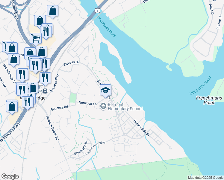 map of restaurants, bars, coffee shops, grocery stores, and more near 820 Belmont Bay Drive in Woodbridge