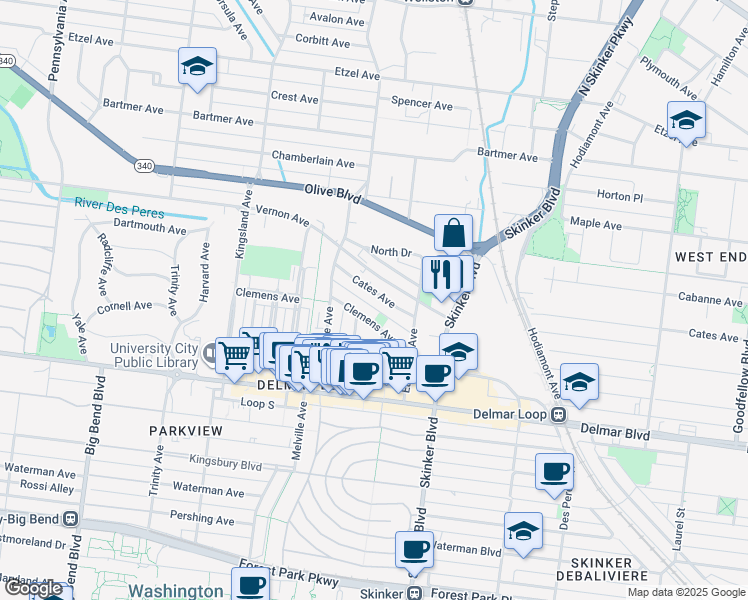 map of restaurants, bars, coffee shops, grocery stores, and more near 6308 Cates Ave in St Louis
