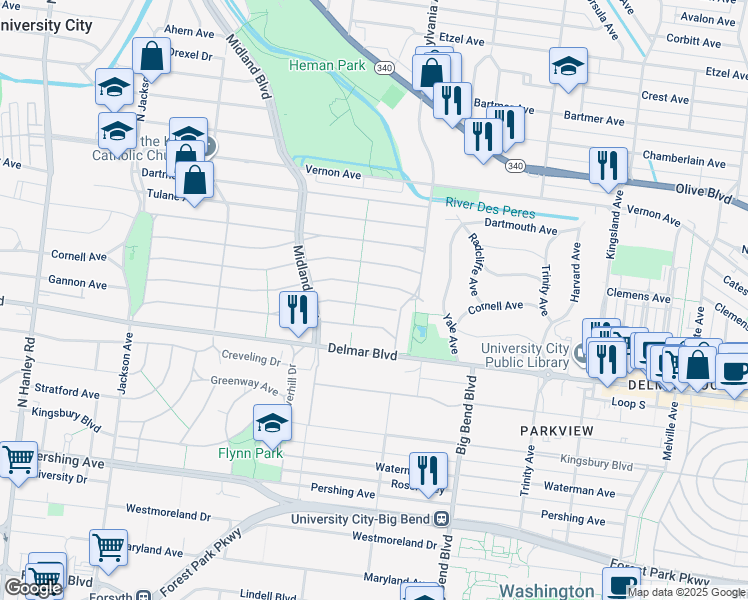 map of restaurants, bars, coffee shops, grocery stores, and more near 7028 Cornell Avenue in University City