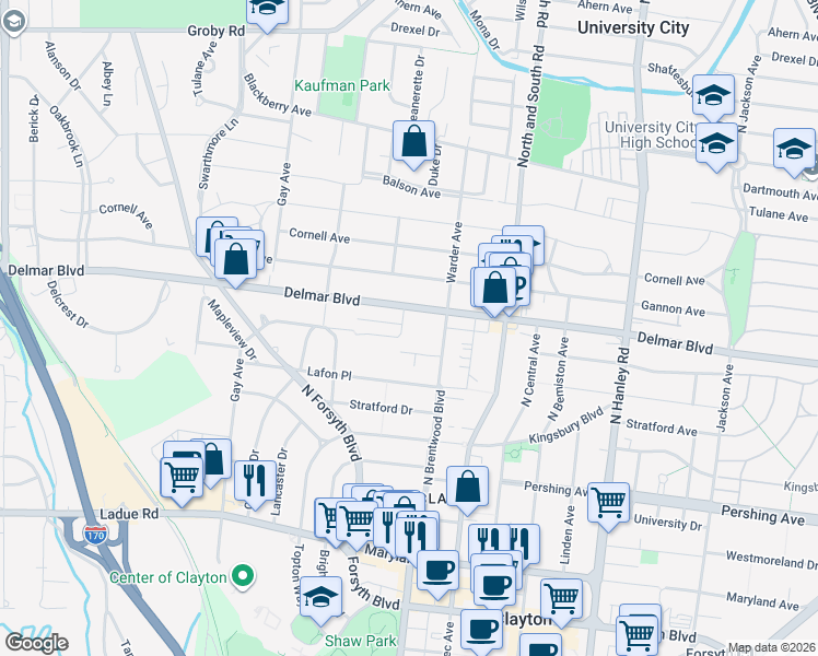 map of restaurants, bars, coffee shops, grocery stores, and more near 7908 Delmar Boulevard in University City