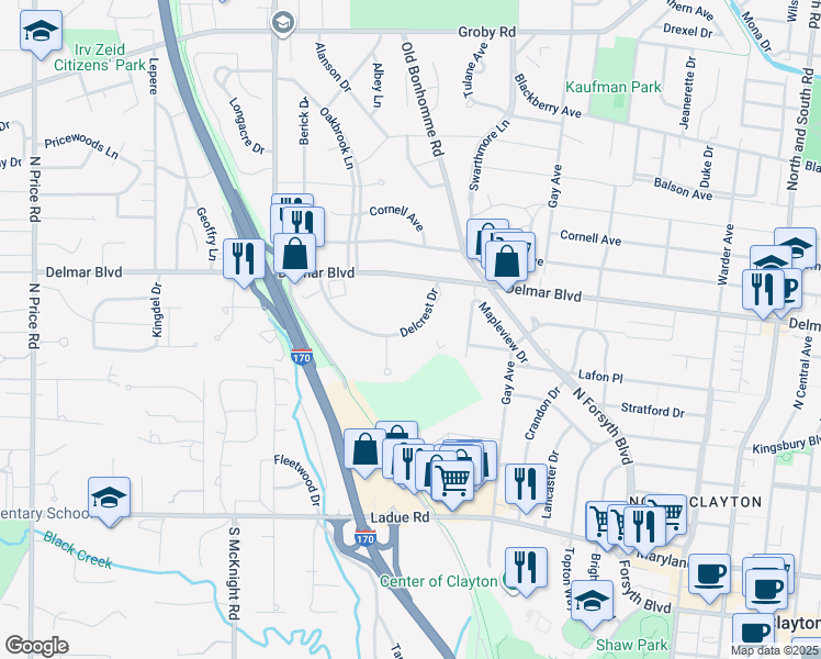 map of restaurants, bars, coffee shops, grocery stores, and more near 8322 Delcrest Drive in St. Louis