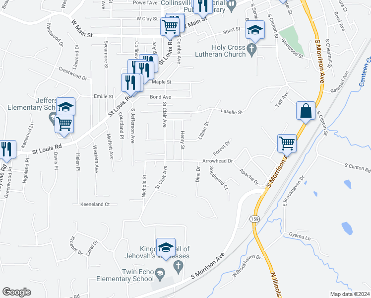 map of restaurants, bars, coffee shops, grocery stores, and more near 808 Henry Street in Collinsville