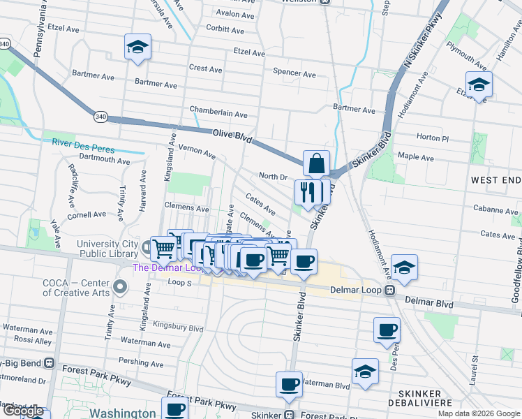 map of restaurants, bars, coffee shops, grocery stores, and more near 6308 Cates Ave in St Louis