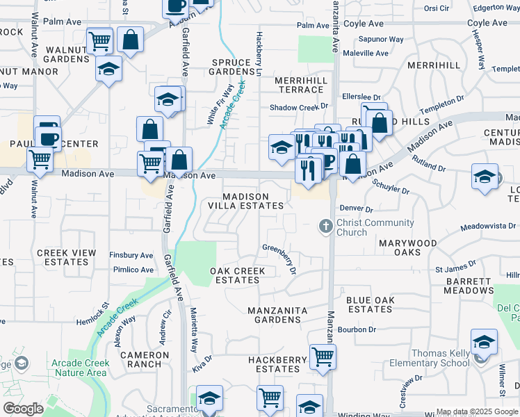 map of restaurants, bars, coffee shops, grocery stores, and more near 5701 Callie Lane in Sacramento