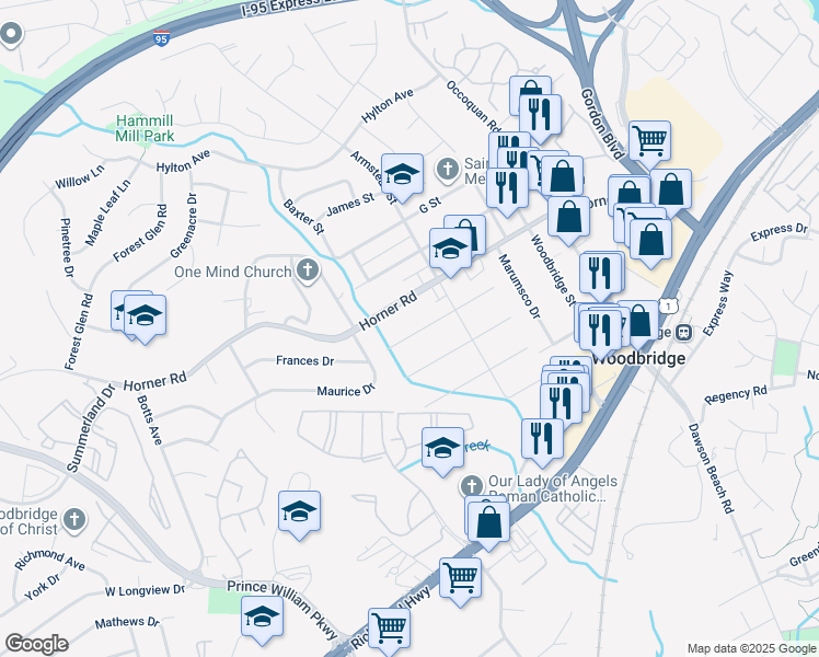 map of restaurants, bars, coffee shops, grocery stores, and more near 1414 E Street in Woodbridge