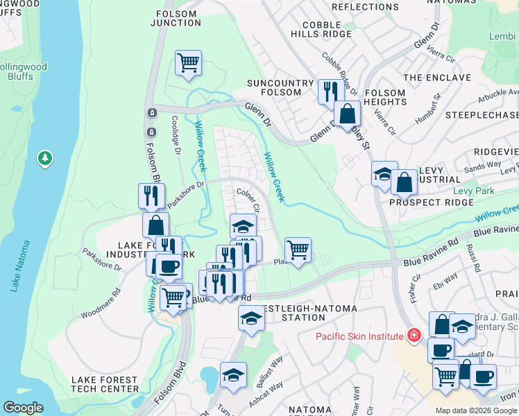 map of restaurants, bars, coffee shops, grocery stores, and more near 341 Colner Circle in Folsom
