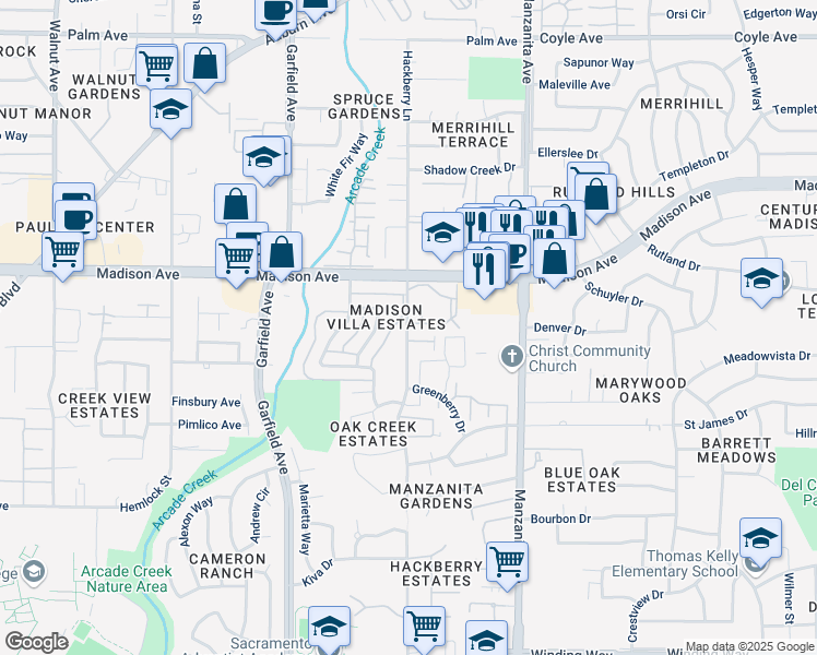 map of restaurants, bars, coffee shops, grocery stores, and more near 5701 Callie Lane in Sacramento