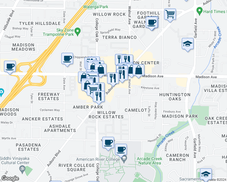 map of restaurants, bars, coffee shops, grocery stores, and more near 4909 Auburn Boulevard in Sacramento