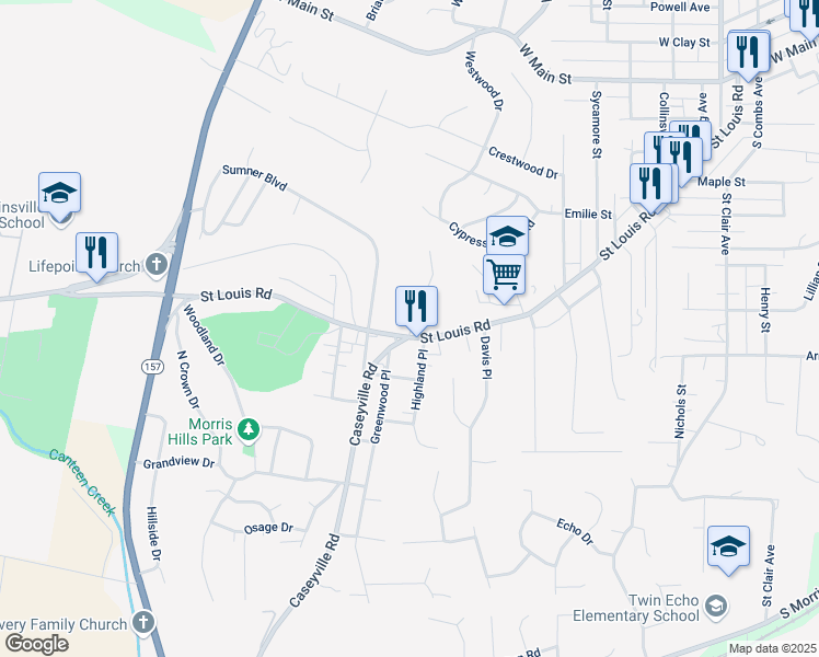 map of restaurants, bars, coffee shops, grocery stores, and more near 107 Kenwood Lane in Collinsville