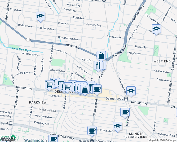 map of restaurants, bars, coffee shops, grocery stores, and more near 6301 Cates Avenue in University City