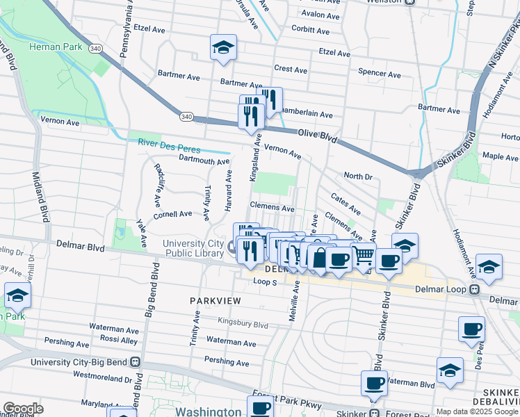 map of restaurants, bars, coffee shops, grocery stores, and more near 6645 Clemens Avenue in University City