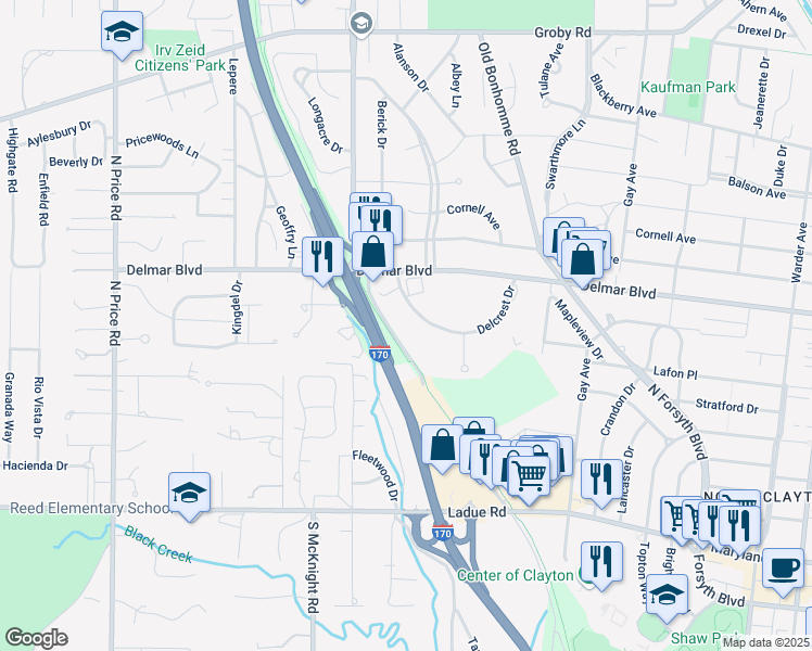 map of restaurants, bars, coffee shops, grocery stores, and more near 8350 Delcrest Drive in St. Louis