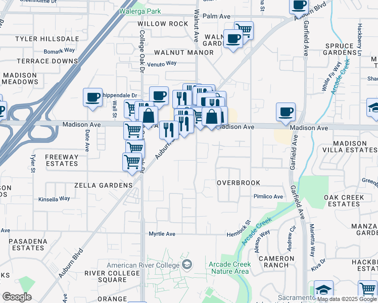 map of restaurants, bars, coffee shops, grocery stores, and more near 5000 Auburn Boulevard in Sacramento