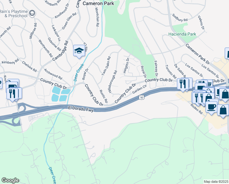 map of restaurants, bars, coffee shops, grocery stores, and more near 3951 Hillsborough Road in Cameron Park