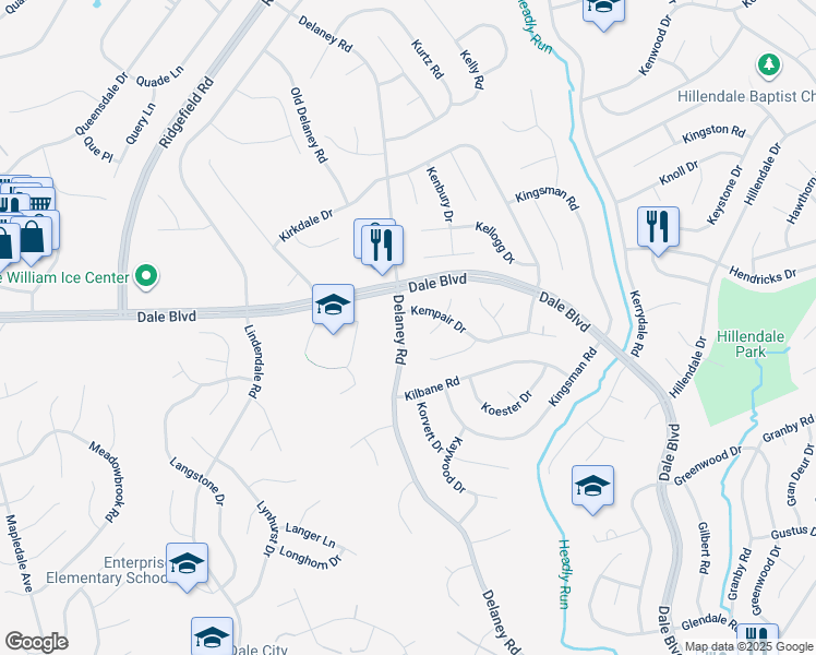 map of restaurants, bars, coffee shops, grocery stores, and more near 13509 Delaney Road in Woodbridge