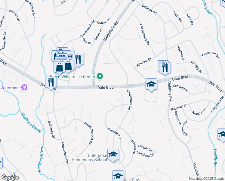 map of restaurants, bars, coffee shops, grocery stores, and more near 13601 Langtree Lane in Woodbridge