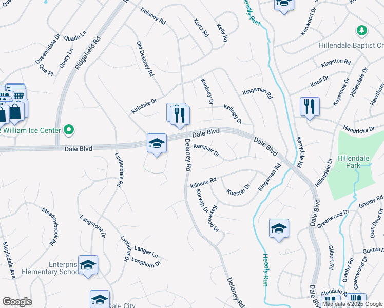 map of restaurants, bars, coffee shops, grocery stores, and more near 13509 Delaney Road in Woodbridge