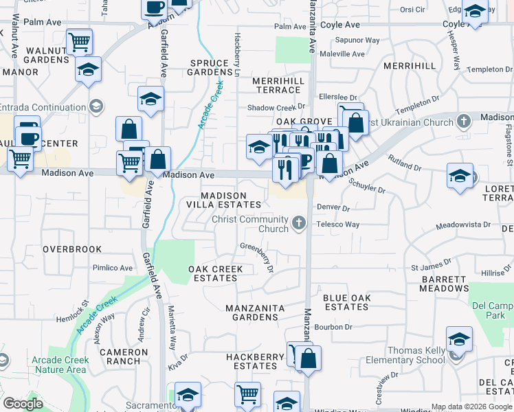 map of restaurants, bars, coffee shops, grocery stores, and more near 5717 Callie Lane in Sacramento
