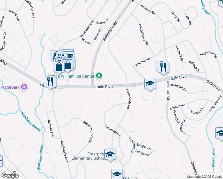map of restaurants, bars, coffee shops, grocery stores, and more near 13601 Langtree Lane in Woodbridge