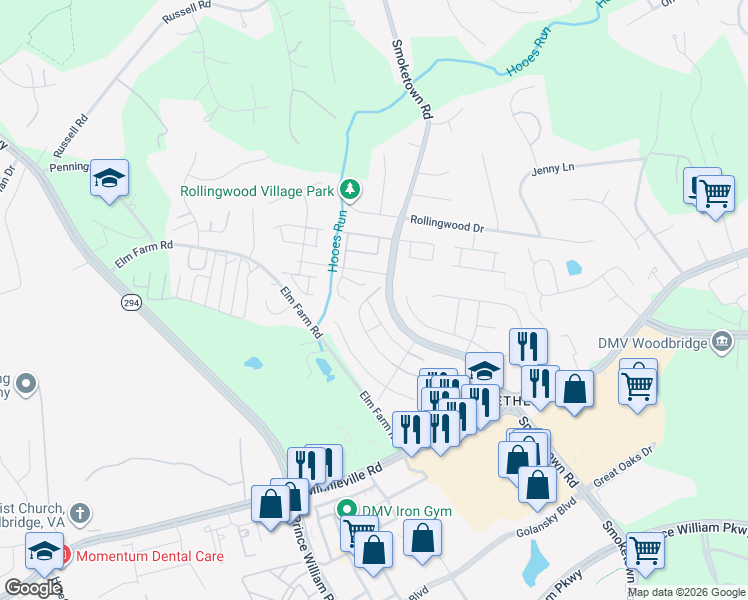 map of restaurants, bars, coffee shops, grocery stores, and more near 3562 Belfry Lane in Woodbridge