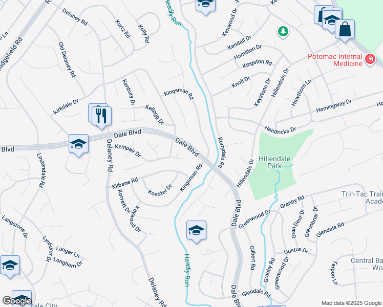 map of restaurants, bars, coffee shops, grocery stores, and more near 4607 Dale Boulevard in Woodbridge
