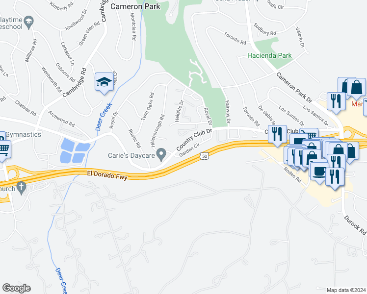 map of restaurants, bars, coffee shops, grocery stores, and more near 3081 Garden Circle in Cameron Park