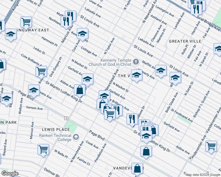 map of restaurants, bars, coffee shops, grocery stores, and more near 4363 Garfield Avenue in St. Louis