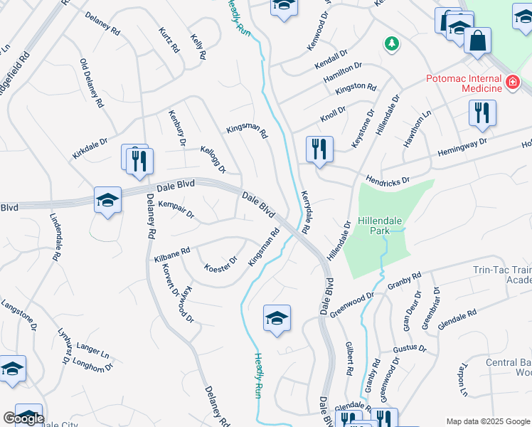 map of restaurants, bars, coffee shops, grocery stores, and more near 4607 Dale Boulevard in Woodbridge