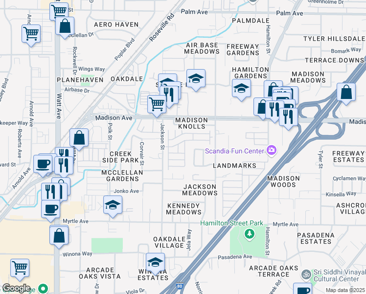 map of restaurants, bars, coffee shops, grocery stores, and more near 5040 Jackson Street in North Highlands