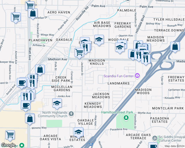 map of restaurants, bars, coffee shops, grocery stores, and more near 5040 Jackson Street in North Highlands