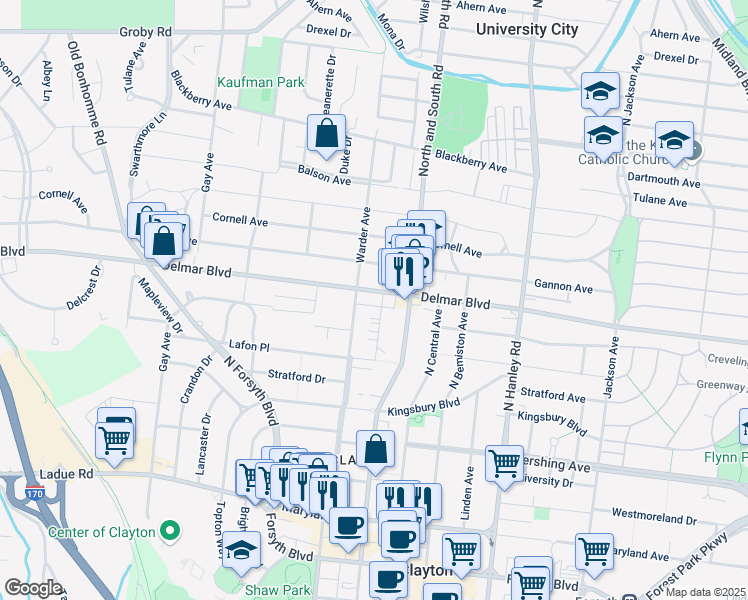 map of restaurants, bars, coffee shops, grocery stores, and more near 7737 Delmar Boulevard in University City