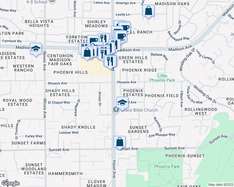 map of restaurants, bars, coffee shops, grocery stores, and more near 5130 Hazel Avenue in Fair Oaks
