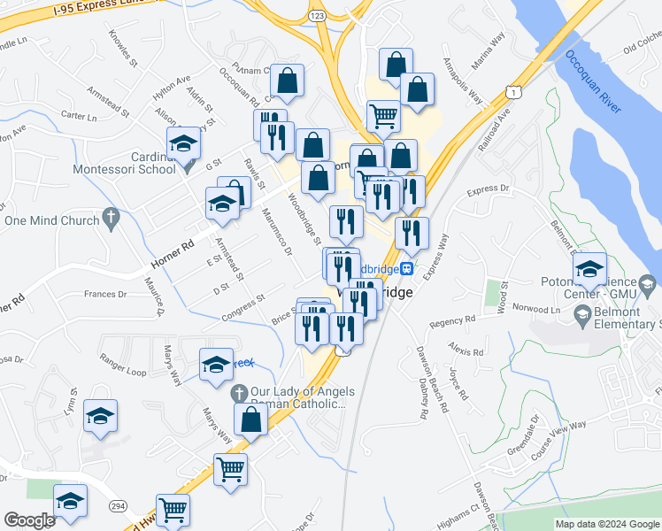 map of restaurants, bars, coffee shops, grocery stores, and more near 15235 Woodbridge Street in Woodbridge