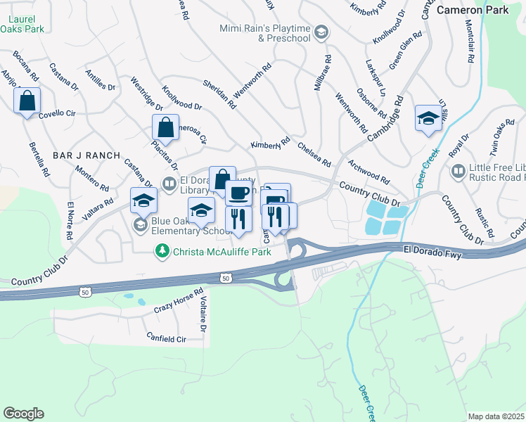 map of restaurants, bars, coffee shops, grocery stores, and more near 2584 Greenwood Lane in Cameron Park