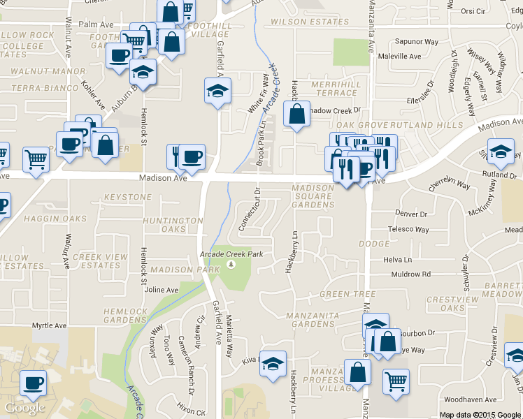map of restaurants, bars, coffee shops, grocery stores, and more near 5103 Rhode Island Drive in Sacramento