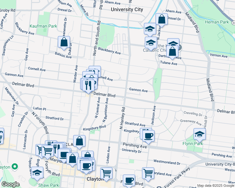 map of restaurants, bars, coffee shops, grocery stores, and more near 7541 Delmar Boulevard in University City