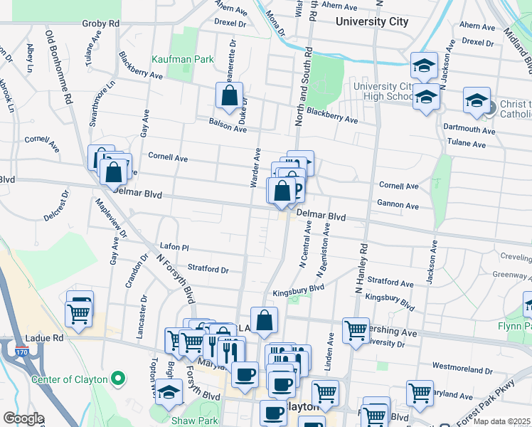 map of restaurants, bars, coffee shops, grocery stores, and more near 7737 Delmar Boulevard in University City