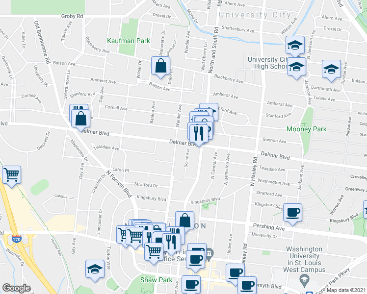 map of restaurants, bars, coffee shops, grocery stores, and more near 7732 Delmar Boulevard in St. Louis