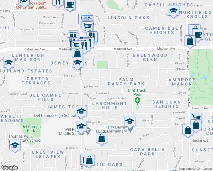 map of restaurants, bars, coffee shops, grocery stores, and more near 6845 Anchor Circle in Fair Oaks
