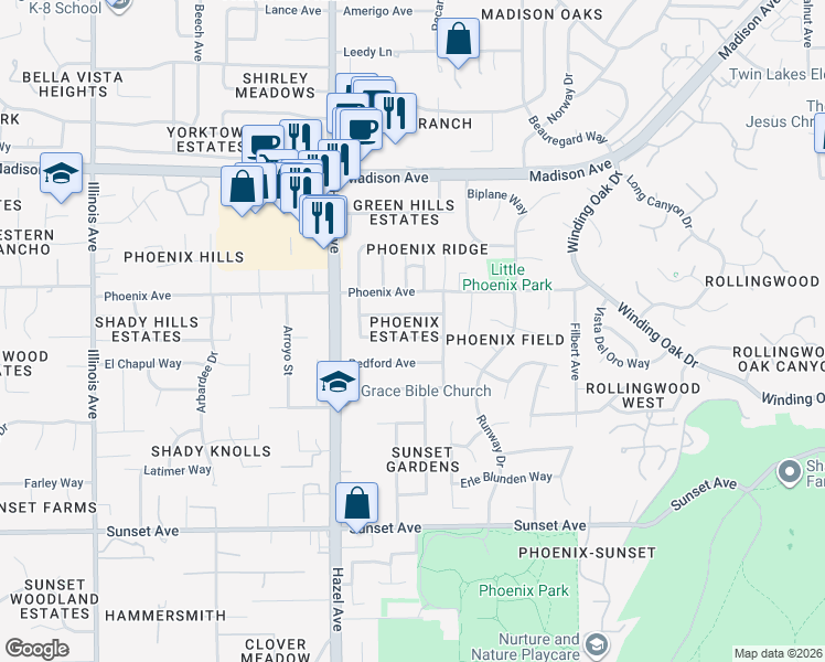 map of restaurants, bars, coffee shops, grocery stores, and more near 5116 Rabeneck Way in Fair Oaks