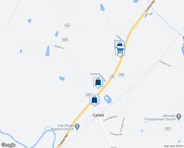 map of restaurants, bars, coffee shops, grocery stores, and more near Catlett School Road in Catlett