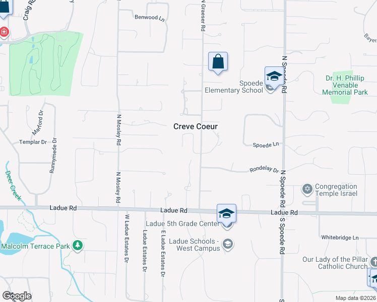 map of restaurants, bars, coffee shops, grocery stores, and more near 1 West Windrush Creek Road in Creve Coeur