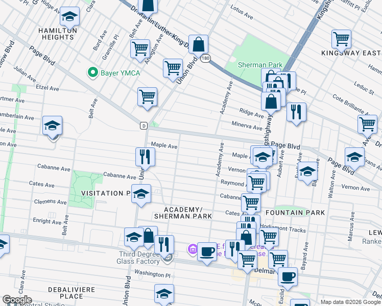 map of restaurants, bars, coffee shops, grocery stores, and more near 5168 Maple Ave in St Louis