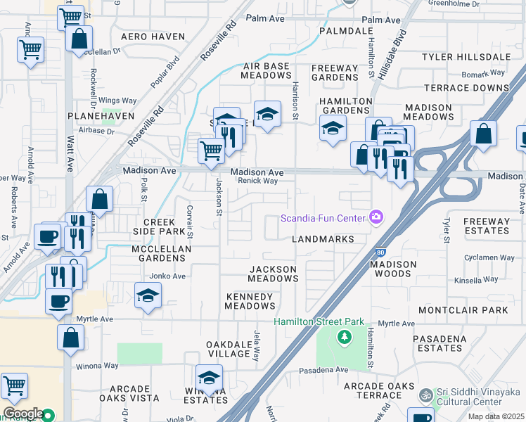 map of restaurants, bars, coffee shops, grocery stores, and more near 4065 Tresler Avenue in North Highlands
