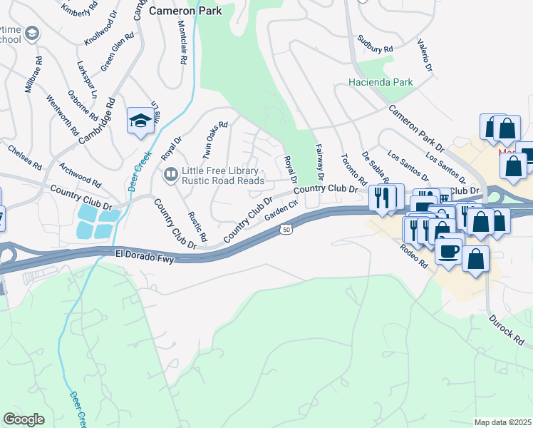 map of restaurants, bars, coffee shops, grocery stores, and more near 3085 Garden Circle in Cameron Park