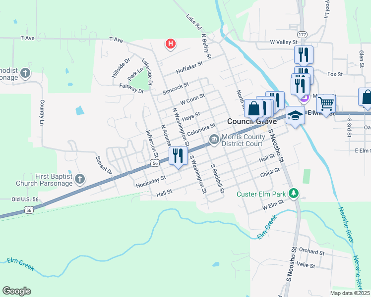 map of restaurants, bars, coffee shops, grocery stores, and more near 706 East Main Street in Council Grove