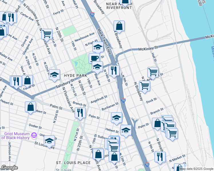 map of restaurants, bars, coffee shops, grocery stores, and more near 3441 North 14th Street in St. Louis