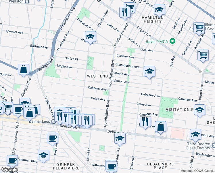 map of restaurants, bars, coffee shops, grocery stores, and more near 923 Goodfellow Boulevard in St. Louis