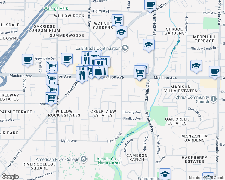 map of restaurants, bars, coffee shops, grocery stores, and more near 5103 Griffin Oaks Lane in Sacramento