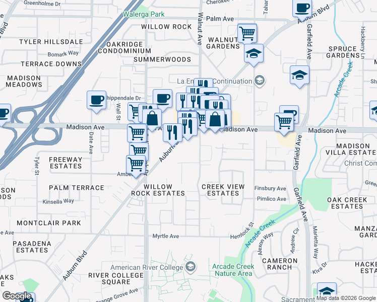 map of restaurants, bars, coffee shops, grocery stores, and more near Unnamed Road in Sacramento